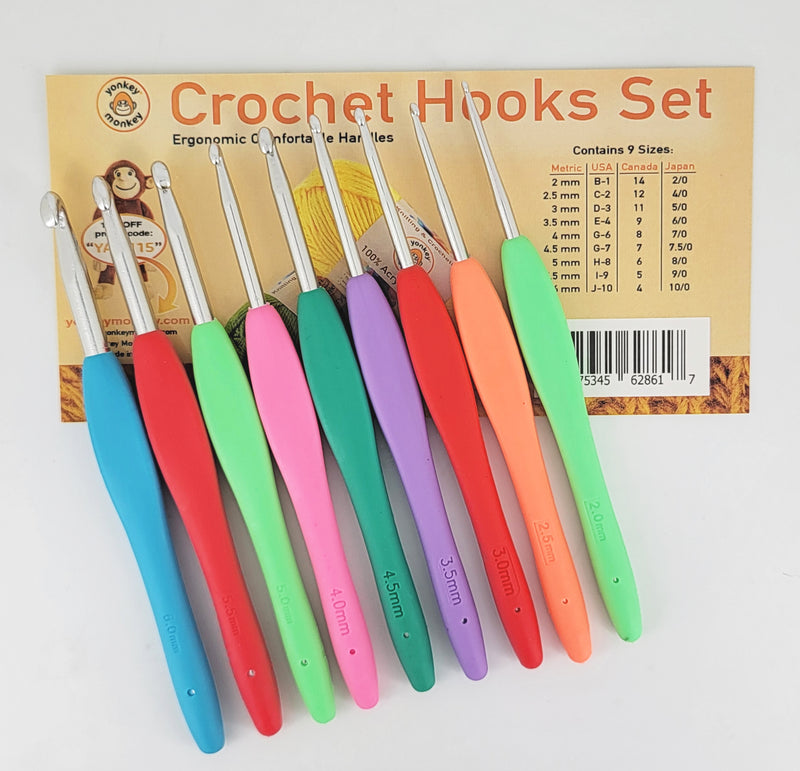 9 Pcs Crochet Hooks Set by Yonkey Monkey. Assorted Crochet Hooks with Non-Sticking Ergonomic Handle. Perfect Gift