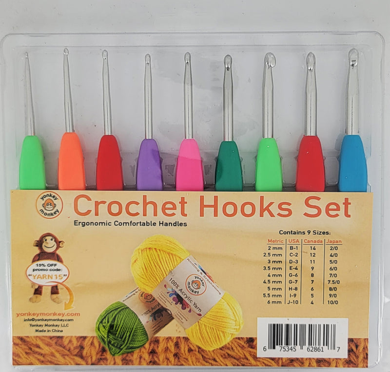9 Pcs Crochet Hooks Set by Yonkey Monkey. Assorted Crochet Hooks with Non-Sticking Ergonomic Handle. Perfect Gift